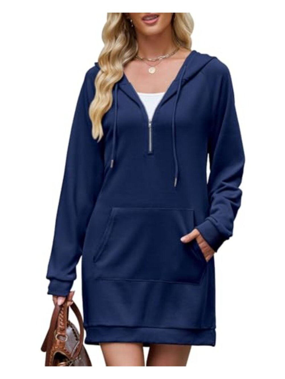 Womens Cotton Polyester Hoodie Dress Half Zip Drawstring Tunic with Pocket